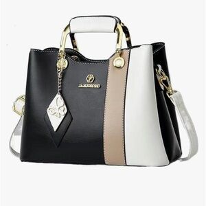 FASHION Black, White, and Tan Purse - PU Leather - EUC